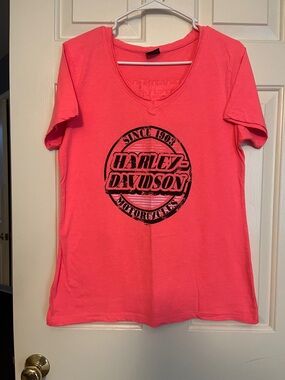 Harley-Davidson Women’s Coral Short Sleeve V-Neck Tee with Black Logo